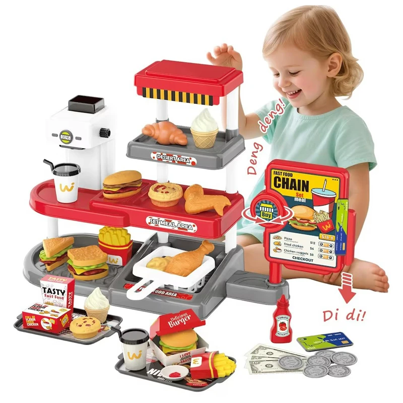Pretend Play Fast Food Store Toy with Realistic Coffee Machine Card Reader Food Shop Play set with Simulate Hamburger Chips Sandwich etc Play Money Checkout Game for Kids 71 Pcs
